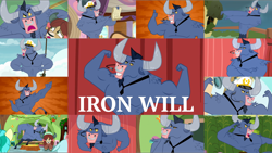 Size: 1966x1107 | Tagged: safe, edit, edited screencap, editor:quoterific, screencap, iron will, ocellus, sandbar, yona, changedling, changeling, minotaur, pony, yak, a matter of principals, g4, once upon a zeppelin, putting your hoof down, season 2, season 7, season 8, abs, breaking the fourth wall, duo, eyes closed, female, hat, looking at you, male, open mouth, teeth