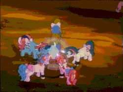 Size: 640x480 | Tagged: safe, screencap, 4-speed, buttons (g1), fizzy, galaxy (g1), gusty, kyrie, quarterback (g1), ribbon (g1), slugger, somnambula (g1), bird, bull, canary, earth pony, human, pony, unicorn, g1, my little pony 'n friends, somnambula (episode), age progression, animated, big brother ponies, broken, cage, chains, crystal, defeated, female, male, mare, old, running away, shattered, stallion, wagon, witch