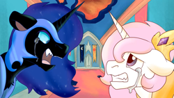 Size: 1919x1079 | Tagged: safe, artist:euspuche, nightmare moon, princess celestia, g4, angry, crying, looking at each other, sad, young celestia