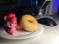 Size: 4032x3024 | Tagged: safe, pinkie pie, earth pony, pony, g4, breakfast, candy, computer mouse, cutie mark crew, donut, food, happy meal, irl, mc donald's toys, mcdonald's happy meal toys, photo, photography, solo, sweets, toy, tygrysekg