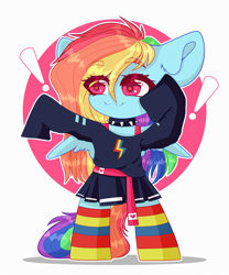 Size: 2000x2400 | Tagged: safe, artist:etoz, rainbow dash, pegasus, pony, g4, belt, bipedal, blouse, choker, clothes, cute, dashabetes, female, happy, high res, mare, skirt, smiling, socks, solo, stockings, striped socks, striped stockings, thigh highs, wings