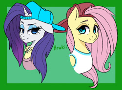 Size: 1150x850 | Tagged: safe, artist:hrukii, fluttershy, rarity, pegasus, pony, g4, 90s grunge fluttershy, alternate hairstyle, backwards cap, bust, cap, disguise, hat, lidded eyes, plainity, smiling