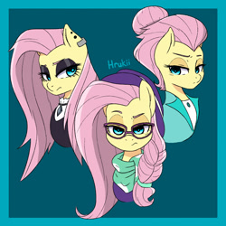Size: 1700x1700 | Tagged: safe, artist:hrukii, fluttershy, pegasus, pony, fake it 'til you make it, g4, alternate hairstyle, bust, ear piercing, earring, fluttergoth, glasses, hipstershy, jewelry, lidded eyes, piercing, severeshy, triality