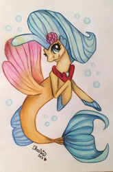 Size: 496x750 | Tagged: safe, artist:chaisia, princess skystar, seapony (g4), g4, my little pony: the movie, blue eyes, bubble, colored wings, dorsal fin, drawing, female, fin wings, fins, fish tail, flower, flower in hair, flowing mane, flowing tail, freckles, jewelry, looking at you, necklace, pearl necklace, pencil drawing, signature, smiling, smiling at you, solo, swimming, tail, traditional art, underwater, water, wings