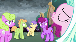 Size: 1920x1080 | Tagged: safe, screencap, berry punch, berry sweet, berryshine, daisy, flower wishes, peppe ronnie, tender brush, winter lotus, earth pony, pony, g4, the ending of the end, butt, female, friendship student, male, mare, plot, pouting, raised hoof, stallion