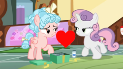 Size: 1280x716 | Tagged: safe, edit, edited screencap, screencap, cozy glow, sweetie belle, pegasus, pony, unicorn, g4, marks for effort, my little pony: friendship is magic, female, filly, heart, lesbian, ship:cozybelle, shipping, shipping domino, sugarcube corner