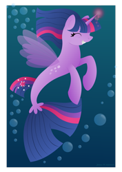 Size: 2059x2912 | Tagged: safe, artist:lavenderrain24, twilight sparkle, alicorn, pony, seapony (g4), g4, blue background, bubble, dorsal fin, eyes closed, female, fin wings, fish tail, flowing mane, flowing tail, glowing horn, high res, horn, seaponified, seapony twilight, simple background, smiling, solo, species swap, tail, twilight sparkle (alicorn), underwater, water, wings