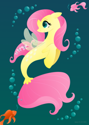 Size: 2059x2912 | Tagged: safe, artist:lavenderrain24, fluttershy, fish, pegasus, pony, seapony (g4), g4, blue background, bubble, dorsal fin, eyelashes, female, fin wings, fish tail, flowing mane, flowing tail, green eyes, high res, seaponified, seapony fluttershy, simple background, smiling, solo, species swap, speedpaint, swimming, tail, underwater, watershy, wings