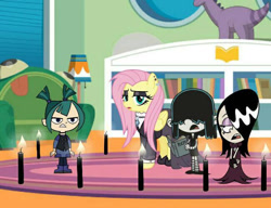 Size: 600x461 | Tagged: safe, artist:dksponge13, fluttershy, g4, crossover, fluttergoth, goth, gwen (total drama), haiku (the loud house), lucy loud, the loud house, total drama, total dramarama, younger