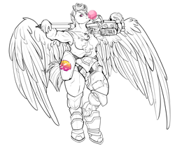 Size: 11811x9843 | Tagged: safe, artist:sourcherry, oc, oc only, oc:mending sun, pegasus, anthro, unguligrade anthro, fallout equestria, armor, bubblegum, clothes, food, gum, gun, leaning back, muscles, power armor, scar, solo, tank top, weapon, wings