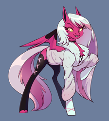 Size: 2222x2478 | Tagged: safe, artist:1an1, demon, demon pony, pony, succubus, succubus pony, clothes, demon wings, hellaverse, hellborn, helluva boss, high res, jacket, looking at you, ponified, smiling, spread wings, spring broken, verosika mayday, wings