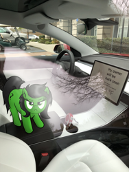 Size: 1965x2619 | Tagged: safe, artist:eels, oc, oc only, oc:filly anon, pony, car, female, filly, irl, photo, ponies in real life, ponified animal photo, solo, tesla, tesla model 3