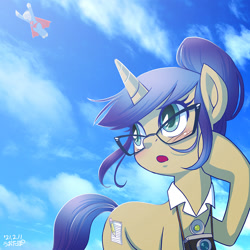 Size: 1000x1000 | Tagged: safe, artist:uotapo, nosey news, quill (g4), oc, pony, unicorn, g4, camera, cloud, crossover, dc comics, female, glasses, male, mare, ponified, raised hoof, sky, superhero, superman