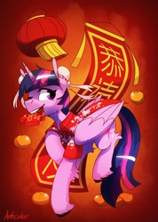 Size: 1588x2231 | Tagged: safe, artist:anticular, twilight sparkle, alicorn, pony, g4, alternate hairstyle, cheongsam, chinese new year, clothes, fruit, mouth hold, one eye closed, red envelope, solo, tangerine, twilight sparkle (alicorn)