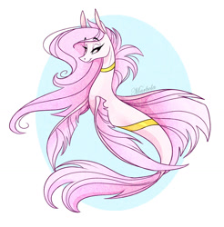 Size: 1280x1299 | Tagged: safe, artist:marbola, oc, oc only, hybrid, merpony, commission, dorsal fin, eyelashes, female, fins, fish tail, flowing mane, lidded eyes, long mane, long tail, pink mane, purple eyes, signature, simple background, smiling, solo, tail, white background