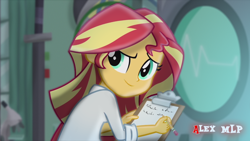 Size: 1920x1080 | Tagged: safe, artist:alex mlp, edit, edited screencap, screencap, sunset shimmer, equestria girls, g4, clothes, cute, lab coat, laboratory, looking back, pencil, redraw, smiling, solo