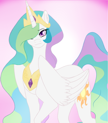 Size: 700x800 | Tagged: safe, artist:dangel-demon, princess celestia, alicorn, pony, g4, crown, ear fluff, female, hair over one eye, jewelry, looking at you, mare, regalia, solo