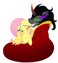 Size: 1095x1200 | Tagged: safe, artist:jennieoo, artist:mickeymonster, fluttershy, king sombra, pegasus, pony, unicorn, g4, biting, blushing, duo, ear bite, female, male, ship:sombrashy, shipping, show accurate, simple background, smiling, straight, transparent background, vector