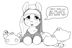 Size: 3152x2117 | Tagged: safe, artist:bunchedupletters, fluttershy, bird, duck, pony, g4, blushing, bread, catholicism, christianity, cute, daaaaaaaaaaaw, dialogue, female, flutternun, food, front view, full face view, high res, little nuns, looking up, mare, monochrome, nun, open mouth, shyabetes, simplistic cloaca, sitting on head, speech bubble