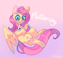 Size: 1542x1414 | Tagged: safe, artist:atakohico, angel bunny, fluttershy, pegasus, pony, rabbit, g4, animal, chest fluff, cute, duo, ear fluff, elbow fluff, female, gradient background, holding, leg fluff, looking at someone, mare, name, shyabetes, spread wings, three quarter view, wings