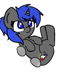 Size: 454x495 | Tagged: safe, artist:two2sleepy, oc, oc only, oc:dream vezpyre, oc:dream², original species, pony, snake, snake pony, unicorn, chibi, cute, cute little fangs, disembodied hoof, eye clipping through hair, fangs, holding a pony, offscreen character, ponytail, smol, solo