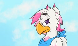 Size: 1280x756 | Tagged: safe, artist:foxxy-arts, oc, oc only, oc:foxxy hooves, hippogriff, bandana, bust, cloud, female, hippogriff oc, pencil, portrait, self portrait, sky, solo