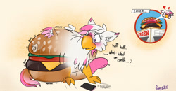 Size: 1280x668 | Tagged: safe, artist:foxxy-arts, oc, oc only, oc:foxxy hooves, hippogriff, blushing, burger, cellphone, female, food, food transformation, heart, hippogriff oc, inanimate tf, inflatable, phone, restaurant, smartphone, solo, transformation
