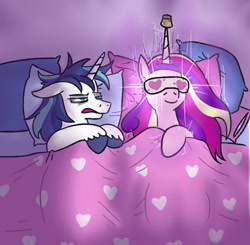Size: 923x906 | Tagged: safe, artist:jargon scott, part of a set, princess cadance, shining armor, alicorn, pony, unicorn, g4, bed, bedroom, cork, duo, duo male and female, female, floppy ears, frown, glowing eyes, horn, horn cap, male, mare, open mouth, pillow, princess of love, shining armor is not amused, ship:shiningcadance, shipping, sleep mask, sleepy, smiling, stallion, straight, tired eyes, unamused