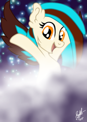 Size: 659x923 | Tagged: safe, artist:aquabright0219, oc, oc only, oc:phoenix feather, earth pony, pony, cloud, ear fluff, earth pony oc, eyelashes, night, open mouth, signature, smiling, solo, stars