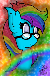 Size: 1080x1632 | Tagged: safe, artist:aquabright0219, oc, oc only, earth pony, pony, abstract background, bust, ear fluff, earth pony oc, eyelashes, glasses, multicolored hair, rainbow hair, signature, solo