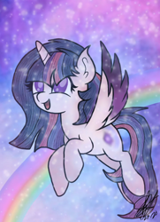 Size: 1080x1494 | Tagged: safe, artist:aquabright0219, oc, oc only, alicorn, pony, alicorn oc, ear fluff, eyelashes, flying, horn, open mouth, rainbow, signature, smiling, solo, two toned wings, wings