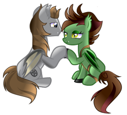 Size: 1002x915 | Tagged: safe, artist:flakyporcupine1989, oc, oc only, oc:devin, oc:dive siren, bat pony, pony, couple, cute, daaaaaaaaaaaw, diren, female, holding hooves, looking at each other, love, male, mare, pair, shipping, simple background, smiling, stallion, straight, transparent background, vector, white background
