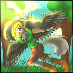 Size: 2438x2459 | Tagged: safe, artist:juliet-gwolf18, oc, oc only, oc:juliet, human, boots, clothes, female, gloves, high res, humanized, outdoors, running, shoes, solo, tree, winged humanization, wings