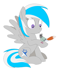 Size: 1626x1948 | Tagged: safe, artist:dyonys, oc, oc only, oc:abomination, oc:northern cross, bird, fox, pegasus, pigeon, pony, female, illegitimate child, interspecies, interspecies offspring, mare, offspring, shocked, simple background, sitting, surprised, transparent background, what has science done