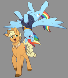 Size: 851x979 | Tagged: safe, artist:kodiakpup, applejack, rainbow dash, earth pony, pegasus, pony, g4, clothes, female, granny smith's shawl, gray background, lesbian, older, older applejack, older rainbow dash, ship:appledash, shipping, simple background, upside down