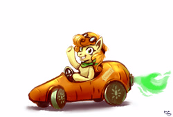 Size: 2800x1900 | Tagged: safe, artist:ami-gami, carrot top, golden harvest, earth pony, pony, g4, car, carrot, cute, driving, female, food, goggles, happy, looking at you, mare, simple background, sitting, smiling, smiling at you, solo, waving, white background