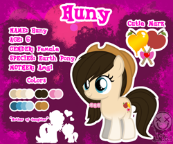 Size: 1024x853 | Tagged: safe, artist:amgiwolf, oc, oc only, oc:huny, earth pony, pony, abstract background, apple, bow, candy apple, earth pony oc, eyelashes, female, filly, food, hair bow, hat, reference sheet, silhouette, smiling