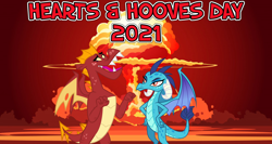 Size: 2064x1098 | Tagged: safe, anonymous artist, artist:drakizora, artist:melisareb, edit, vector edit, garble, princess ember, dragon, g4, 2021, crack shipping, dating, dragoness, ember is not amused, female, hearts and hooves day, holiday, male, mushroom cloud, nuclear explosion, open mouth, ship:emble, shipping, song reference, straight, this will not end well, unamused, valentine's day, vector, youtube link in the description