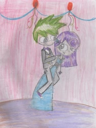 Size: 2202x2930 | Tagged: safe, artist:mexicangirl12, spike, twilight sparkle, human, g4, alternate hairstyle, carrying, clothes, dress, female, high res, humanized, male, piggyback ride, ship:twispike, shipping, straight, traditional art