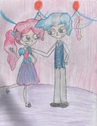 Size: 2218x2872 | Tagged: safe, artist:mexicangirl12, pinkie pie, pokey pierce, human, g4, clothes, dress, female, hand on hip, high res, humanized, male, pants, ship:pokeypie, shipping, shoes, smiling, straight, traditional art