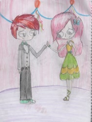 Size: 2235x2955 | Tagged: safe, artist:mexicangirl12, fluttershy, oc, human, g4, canon x oc, clothes, dress, female, high res, humanized, male, straight, traditional art