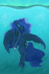 Size: 1280x1957 | Tagged: safe, artist:clomite, princess luna, alicorn, pony, g4, bubble, colored pupils, crepuscular rays, crown, digital painting, female, flowing mane, flowing tail, hoof shoes, horn, jewelry, lidded eyes, ocean, regalia, sky, solo, swimming, tail, underwater, water, wings