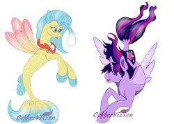 Size: 1400x1000 | Tagged: safe, artist:coffeevixxen, princess skystar, twilight sparkle, alicorn, pony, seapony (g4), g4, my little pony: the movie, bioluminescent, blue eyes, colored wings, dorsal fin, female, fin wings, fins, fish tail, flowing mane, flowing tail, freckles, horn, jewelry, looking at each other, necklace, open mouth, pearl necklace, purple eyes, seaponified, seapony twilight, seashell, seashell necklace, simple background, smiling, species swap, swimming, tail, transparent background, twilight sparkle (alicorn), watermark, wings