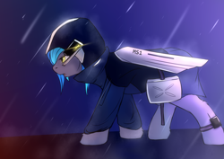 Size: 1980x1400 | Tagged: safe, artist:snowstormbat, oc, oc only, oc:midnight snowstorm, bat pony, pony, clothes, gradient background, jacket, lidded eyes, male, open mouth, outdoors, rain, solo, stallion
