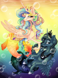 Size: 1946x2606 | Tagged: safe, artist:alzmariowolfe, princess celestia, princess luna, alicorn, hybrid, mermaid, merpony, pony, seapony (g4), g4, abstract background, bubble, colored pupils, crown, curly hair, curly mane, ear fluff, ears, ethereal mane, eyelashes, female, fins, fish tail, flowing mane, folded wings, gem, hoof shoes, horn, jewelry, lidded eyes, looking at each other, looking at someone, mare, mermaid tail, mermaidized, ocean, regalia, royal sisters, seaponified, seapony celestia, seapony luna, siblings, sisters, smiling, smiling at each other, sparkles, species swap, starry mane, tail, underwater, water, wings