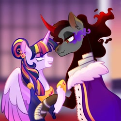 Size: 1024x1024 | Tagged: safe, artist:fourteennails, king sombra, twilight sparkle, alicorn, pony, g4, female, height difference, holding hooves, hoof shoes, looking at each other, male, mare, ship:twibra, shipping, sombra eyes, stallion, straight, twilight sparkle (alicorn)