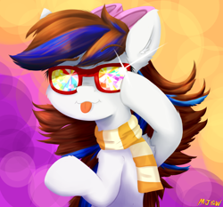Size: 1290x1200 | Tagged: safe, artist:mjsw, oc, oc only, oc:breezy, earth pony, pony, clothes, fanart, female, glasses, lineless, mare, mlem, scarf, silly, solo, tongue out