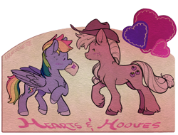 Size: 1280x973 | Tagged: safe, artist:equinoxette, applejack, rainbow dash, earth pony, pegasus, pony, g4, colored hooves, cowboy hat, female, hat, heart, hearts and hooves day, holiday, lesbian, mare, mouth hold, ship:appledash, shipping, simple background, transparent background, unshorn fetlocks, valentine, valentine's day