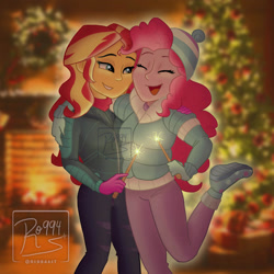 Size: 1920x1920 | Tagged: safe, artist:ro994, pinkie pie, sunset shimmer, equestria girls, equestria girls series, g4, holidays unwrapped, spoiler:eqg series (season 2), christmas, christmas tree, clothes, eyes closed, female, fireplace, hat, holiday, jacket, lesbian, obtrusive watermark, ship:sunsetpie, shipping, side hug, sparkler (firework), tree, watermark, winter outfit