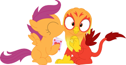Size: 3576x1851 | Tagged: safe, artist:porygon2z, scootaloo, oc, oc:heatwave, griffon, hippogriff, g4, canon x oc, cheek kiss, female, fledgeling, griffon x pony, hearts and hooves day, holiday, interspecies, kissing, male, shipping fuel, spread wings, straight, surprise kiss, valentine's day, wingboner, wings